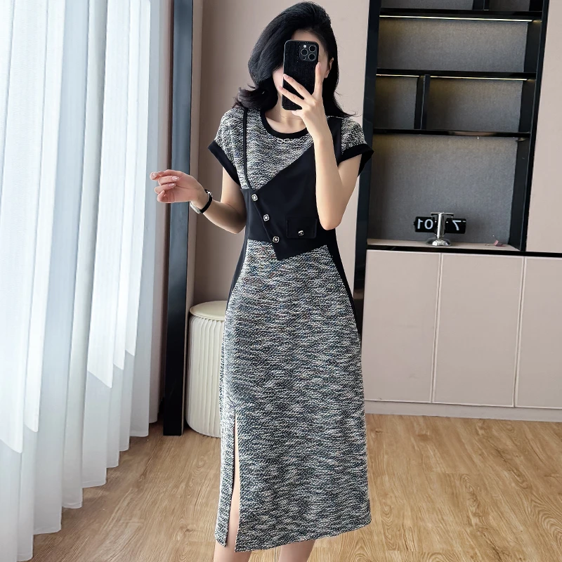 夏季新款法式高级设计撞色拼接收腰褶皱连衣裙女气质大码开叉显瘦