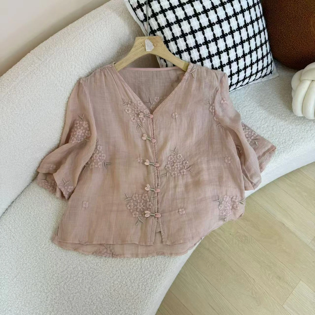 国风中式刺绣苎麻衬衫女2025夏季新款时尚百搭洋气女士上衣