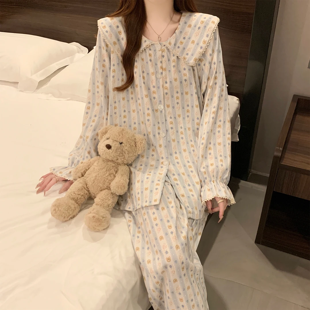 云朵棉睡衣女春秋季长袖大码2025新款公主风小熊头套装舒适家居服