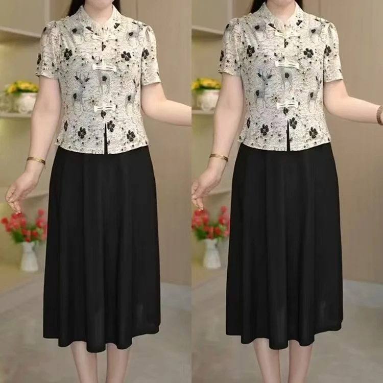 夏季时尚新中式假两件连衣裙显瘦百搭大码口袋过膝裙子