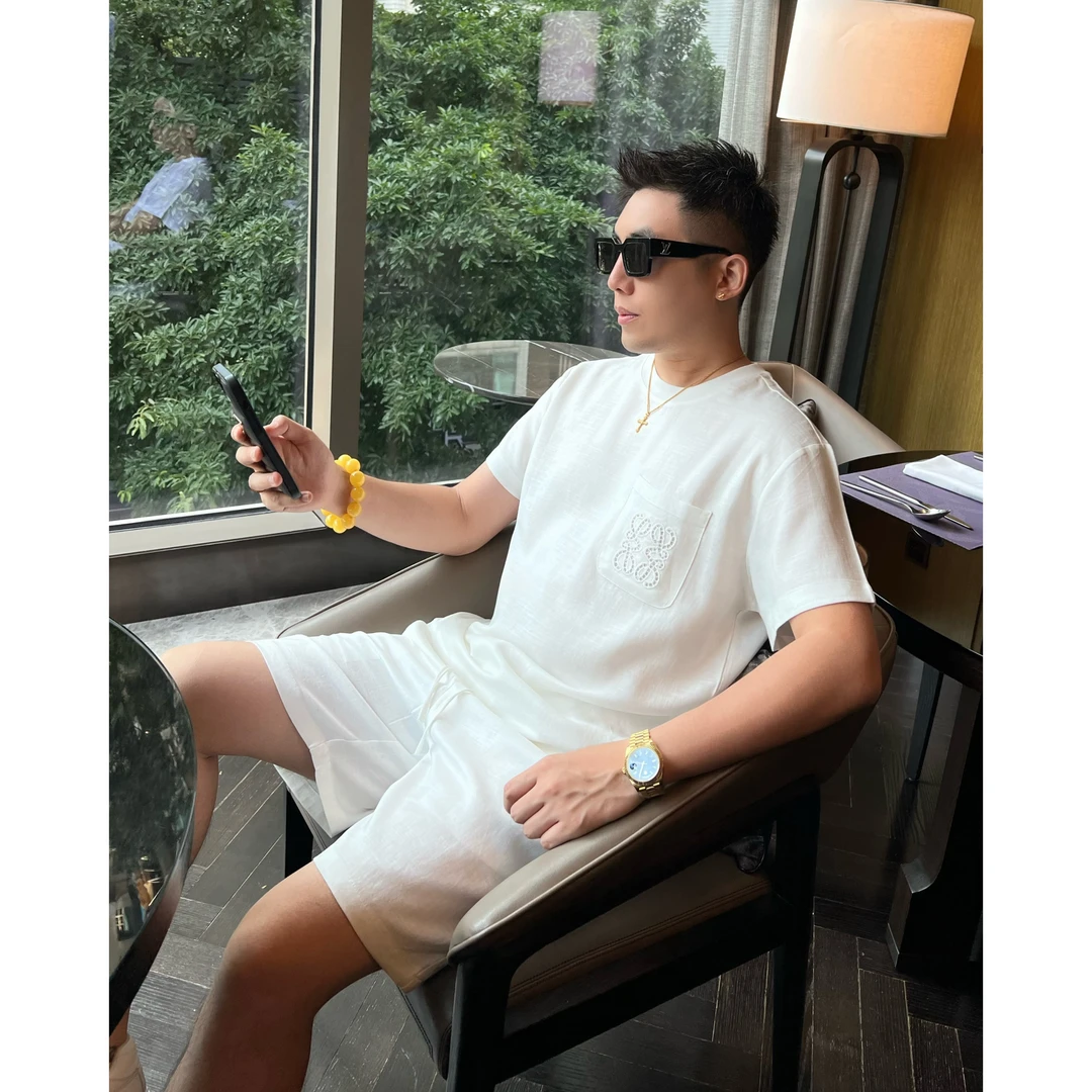 【镂空繁花】李查德夏日老钱亚麻天丝鱼骨纹男士短袖T恤短裤套装