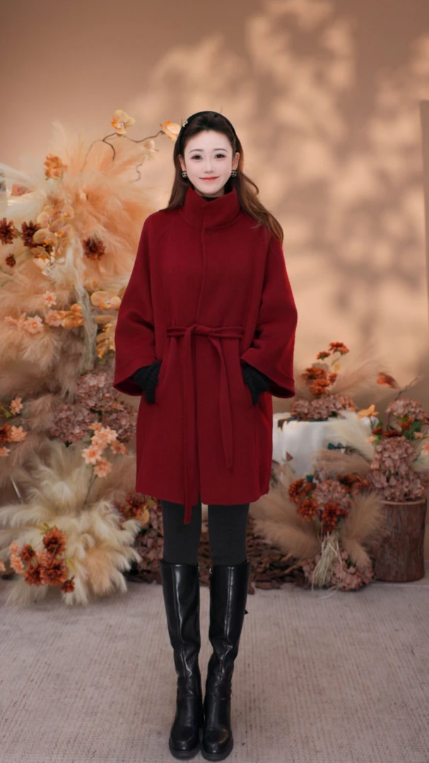 XYM双面羊毛大衣针织袖腰带宽松温柔风立领扣子时尚百搭秋冬新款