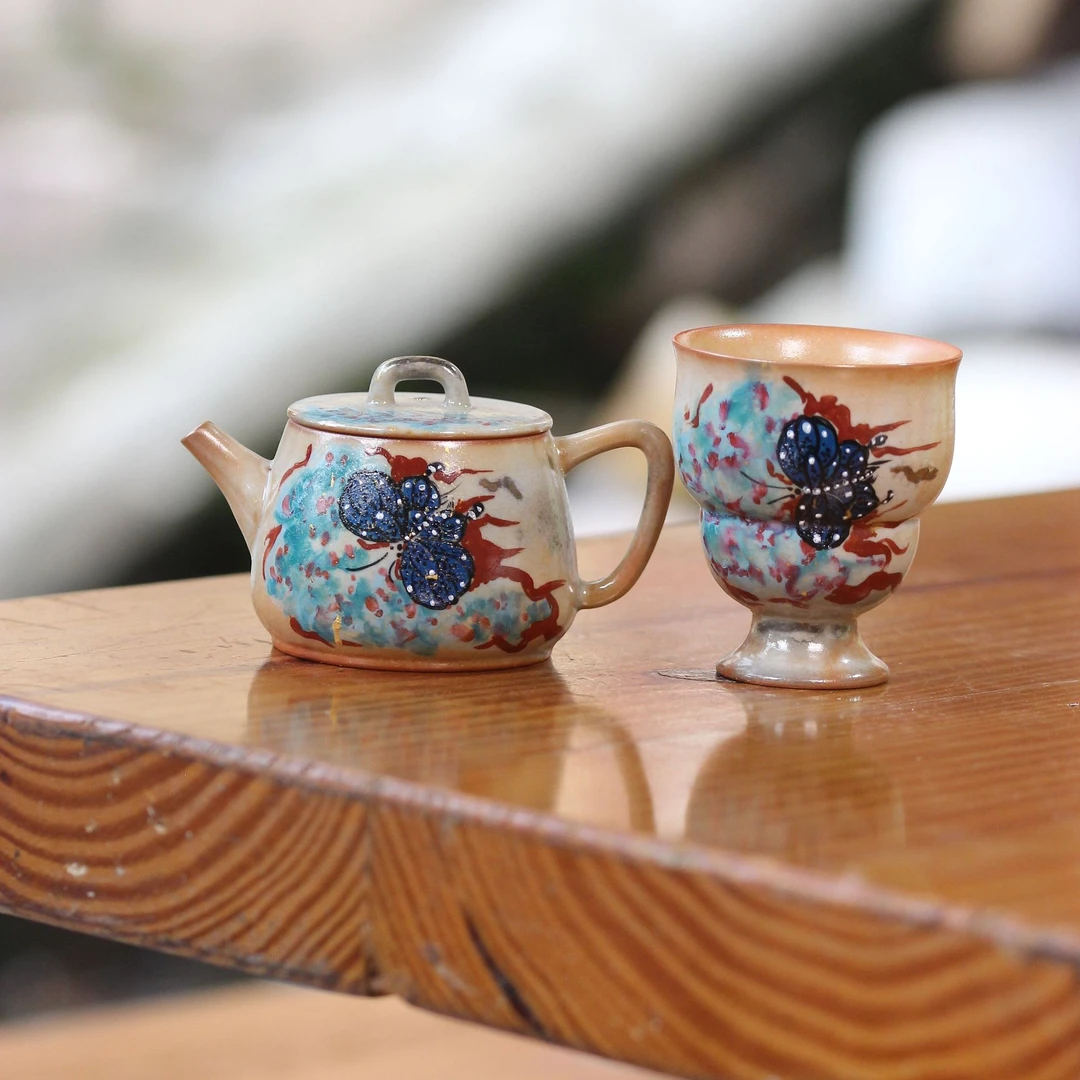 亘古茶具手绘陶瓷茶具茶壶杯组合二件套泡茶品茗志野烧手作蝴蝶