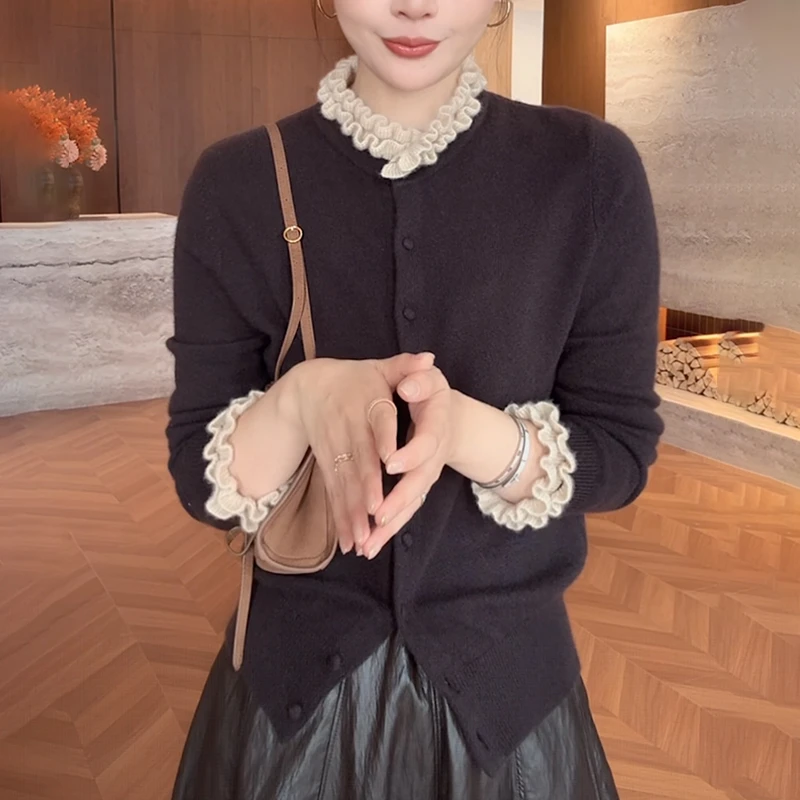 2025秋季新款女慵懒高级感毛衣洋气修身显瘦木耳边针织开衫上衣