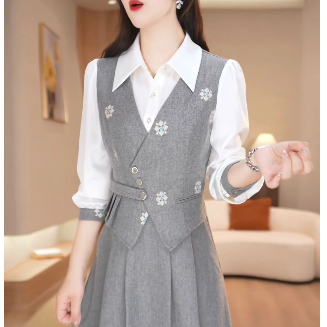 2026春季新款长袖印花马甲拼接气质中长裙优雅贵气百搭显瘦连衣裙