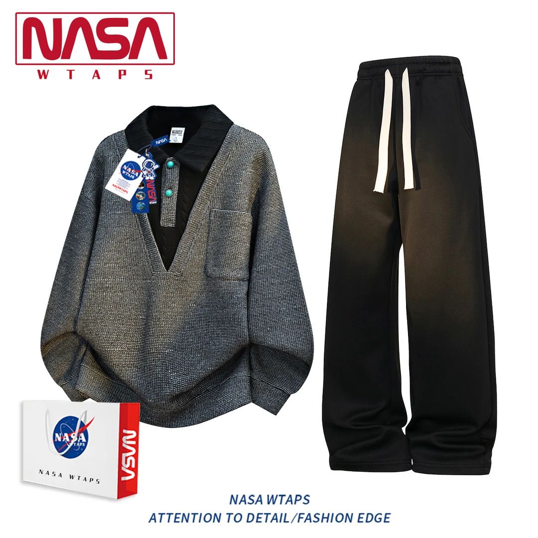 NASA WTAPS老钱风假两件休闲卫衣套装男秋季新款潮牌复古风两件套