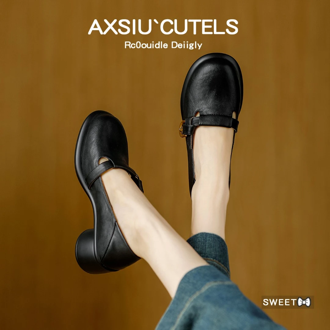 牛皮/软皮真皮厚底轻便粗跟单鞋女2025新款英伦风玛丽珍乐福皮鞋