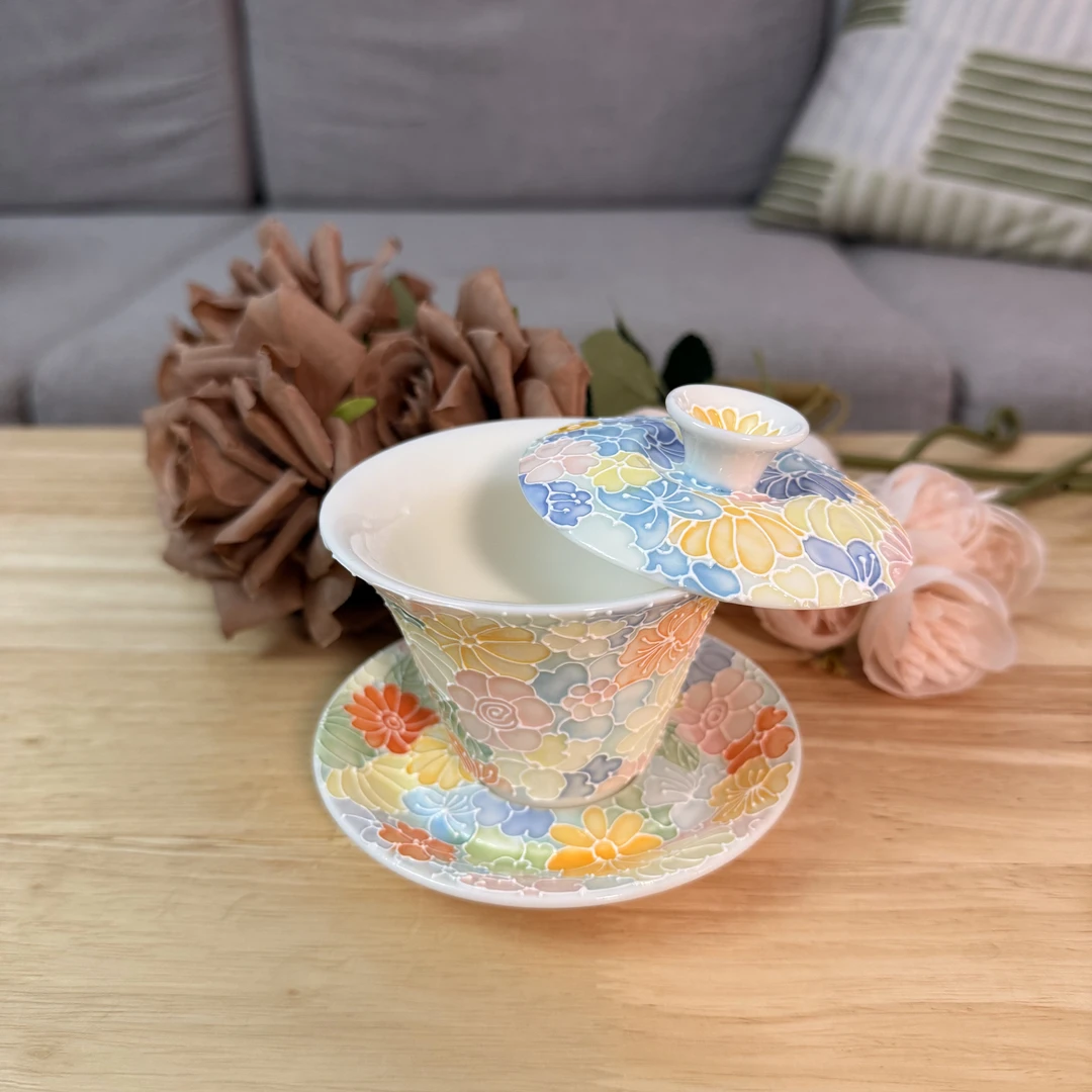 景德镇陶瓷万花盖碗杯子 纯手工泡茶家用主人杯 伴手礼品