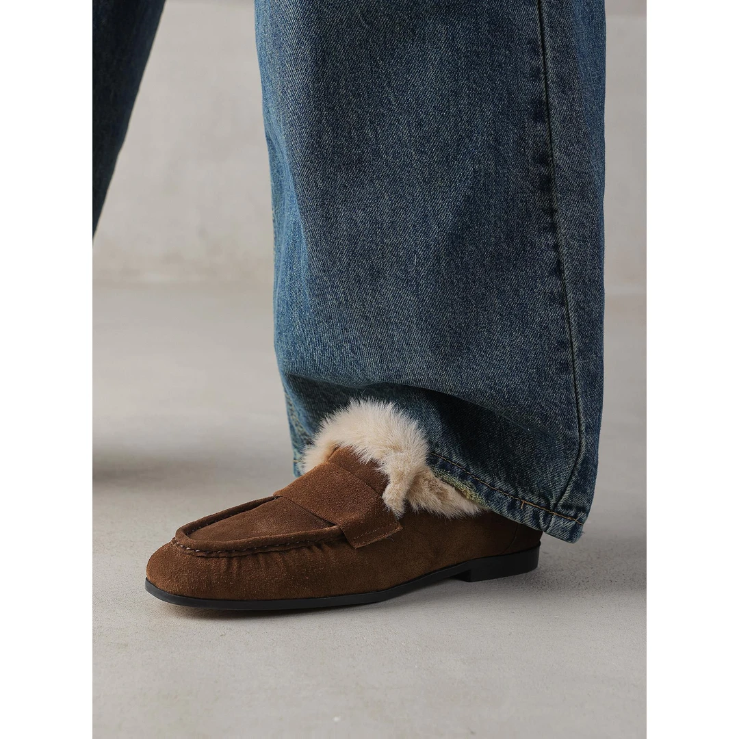 云朵~翻毛皮复古加绒乐福鞋女冬季毛毛鞋磨砂平底单鞋豆豆鞋