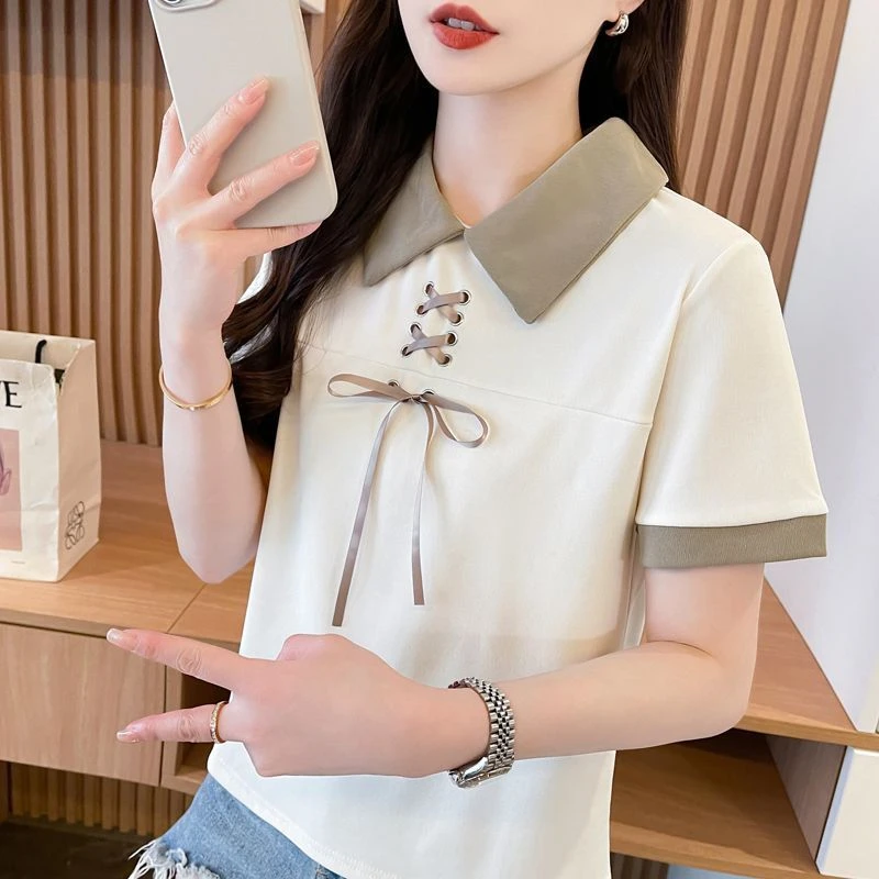 小众设计感polo领正肩短袖t恤女夏季新款韩版宽松短款撞色上衣潮