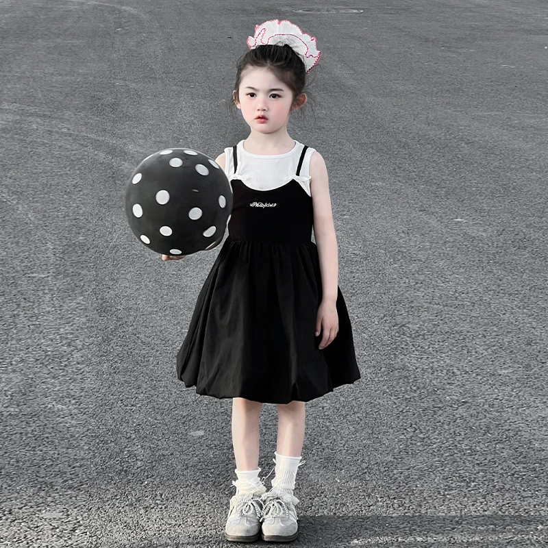 女童连衣裙夏季2025新款儿童拼接休闲黑色背心裙子女孩吊带裙洋气