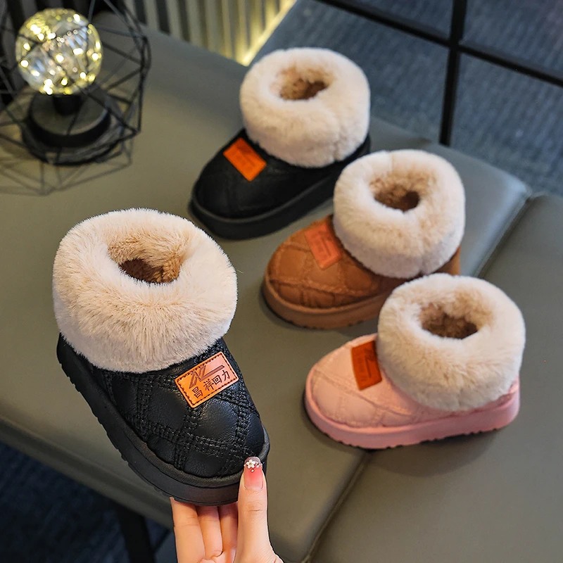 新款冬季保暖棉鞋男女童时尚保暖厚底防滑室内家居高帮绒毛棉鞋