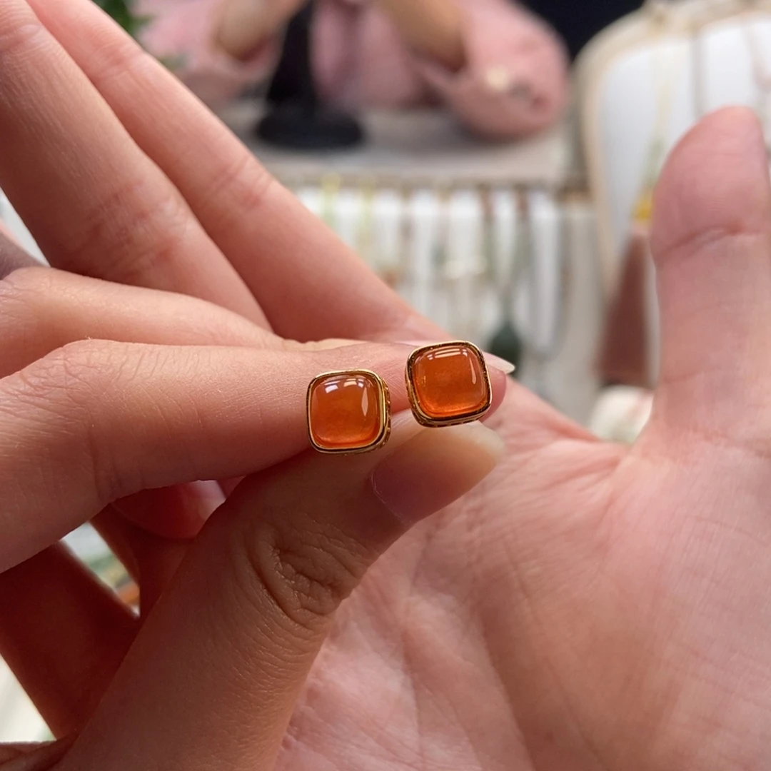 南红玛瑙银S925镀金镶嵌耳饰