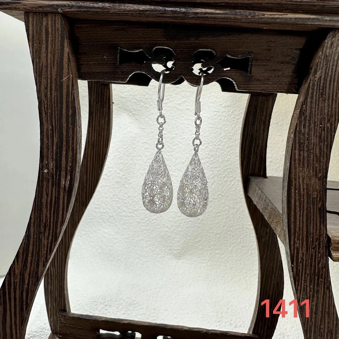 足银耳饰 苗乐足银水滴花丝耳环民族工艺简约百搭款