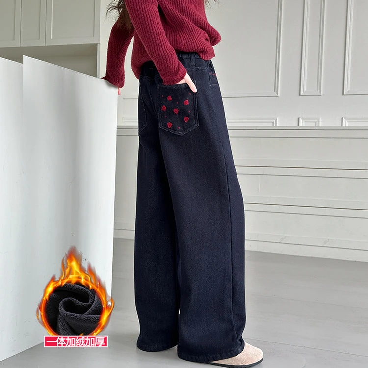 中大童8-12岁女裤女童加绒裤子牛仔裤儿童直筒阔腿裤冬季外穿加厚