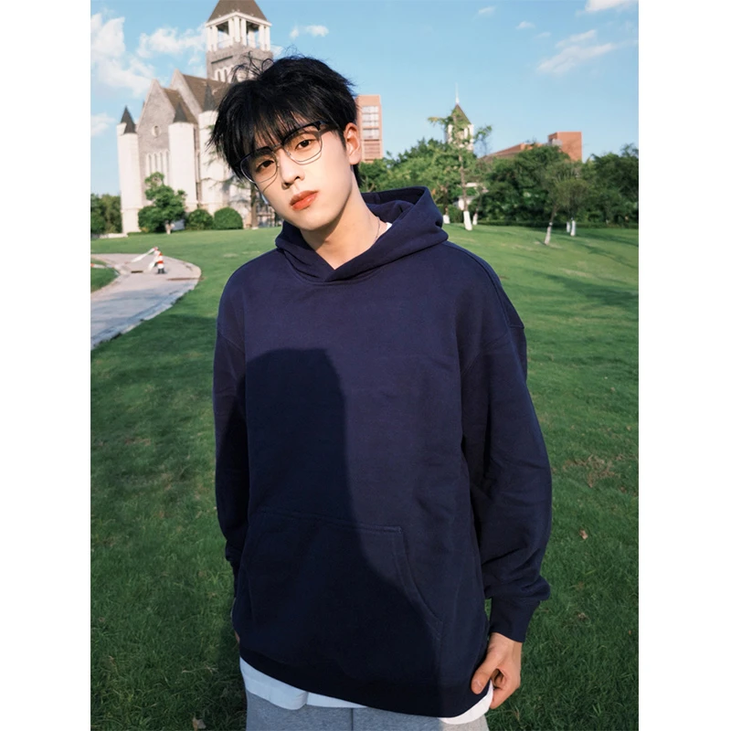 cleanfit藏青色连帽卫衣男款秋季男生穿搭高级感重磅硬挺套头外套