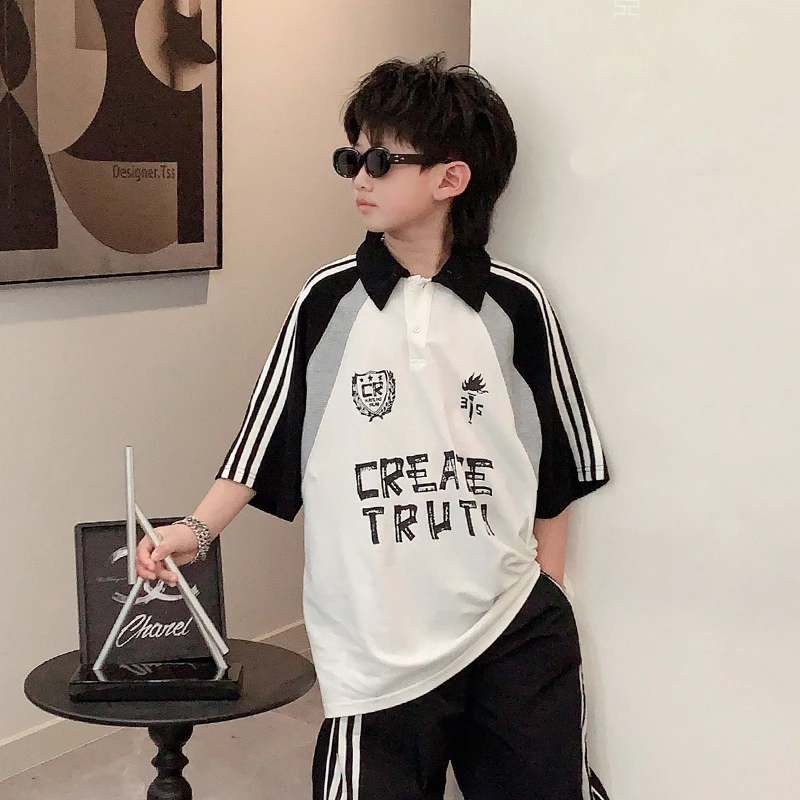 男童美式polo衫短袖t恤2025新款8-16岁中大童男孩衣服25XT1577