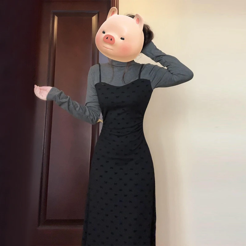 黑色假两件长袖针织打底连衣裙子女2026秋冬新款修身显瘦a字长裙