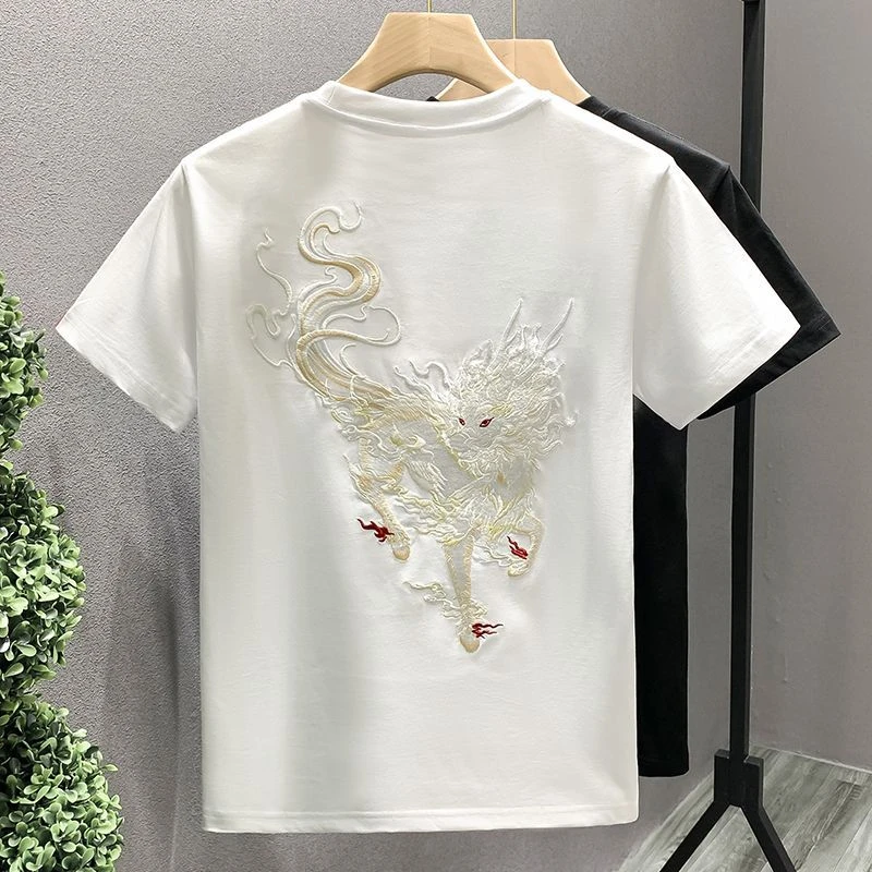 新款潮牌修身男士短袖夏季薄款正肩刺绣百搭时尚半截袖短袖男t恤