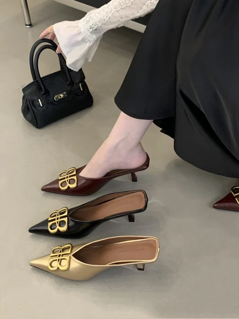 法式气质金属扣尖头高跟鞋细跟御姐网红复古高级感时尚百搭包头拖