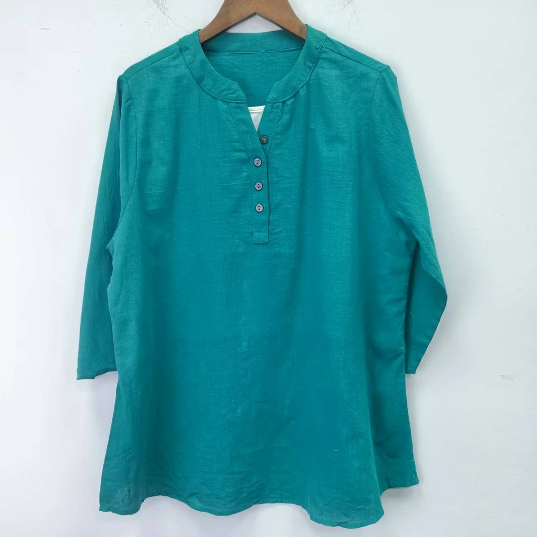 P6 假两件文艺风棉麻中袖上衣