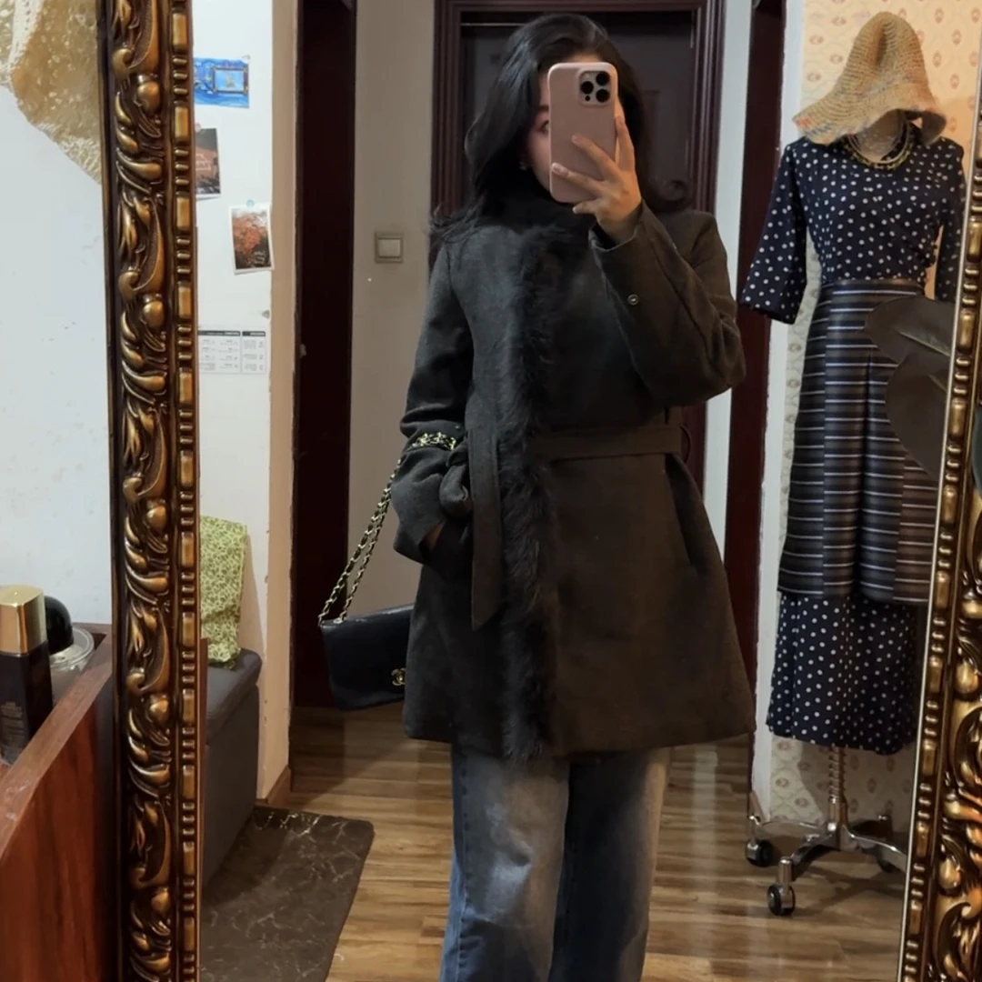 冬季新款轻奢收腰显瘦中长款毛呢袖口狐毛可拆卸棉服