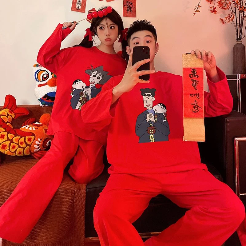 情侣睡衣女春秋季长袖纯棉2025新款红色本命年男士婚庆家居服套装