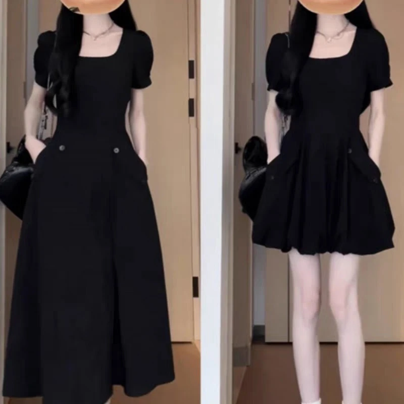 （80-200斤）大码夏a字方领裙子女胖mm高级感法式赫本风连衣裙1919