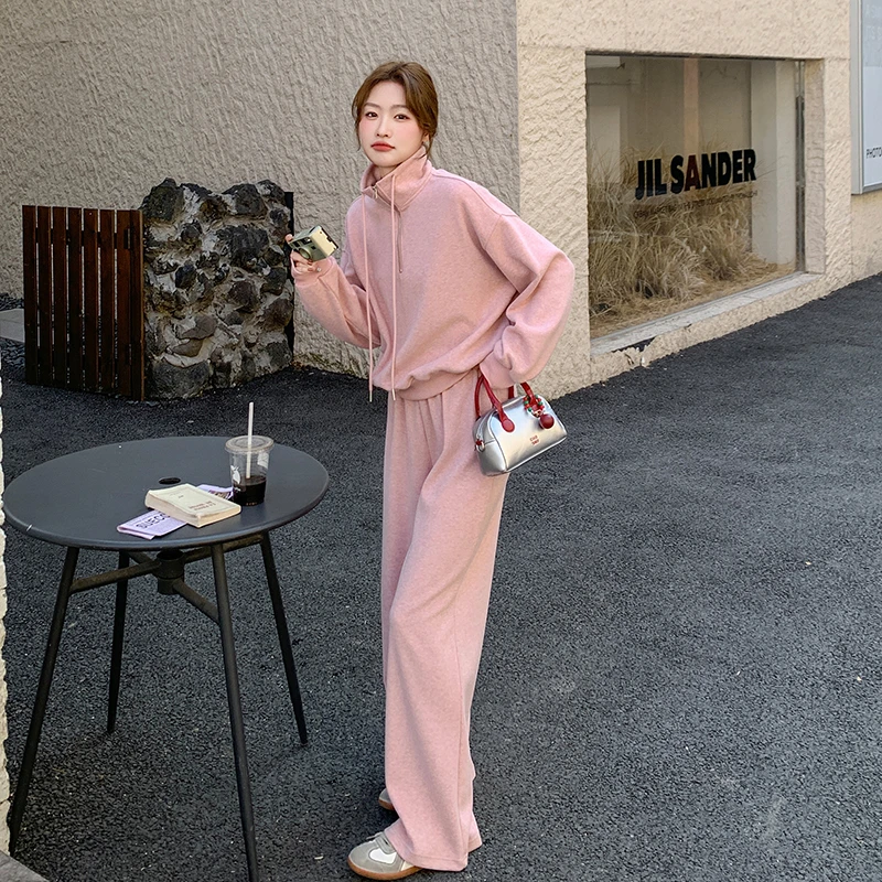 粉色韩系抽绳运动风针织卫衣套装女2025春季新款休闲阔腿裤两件套