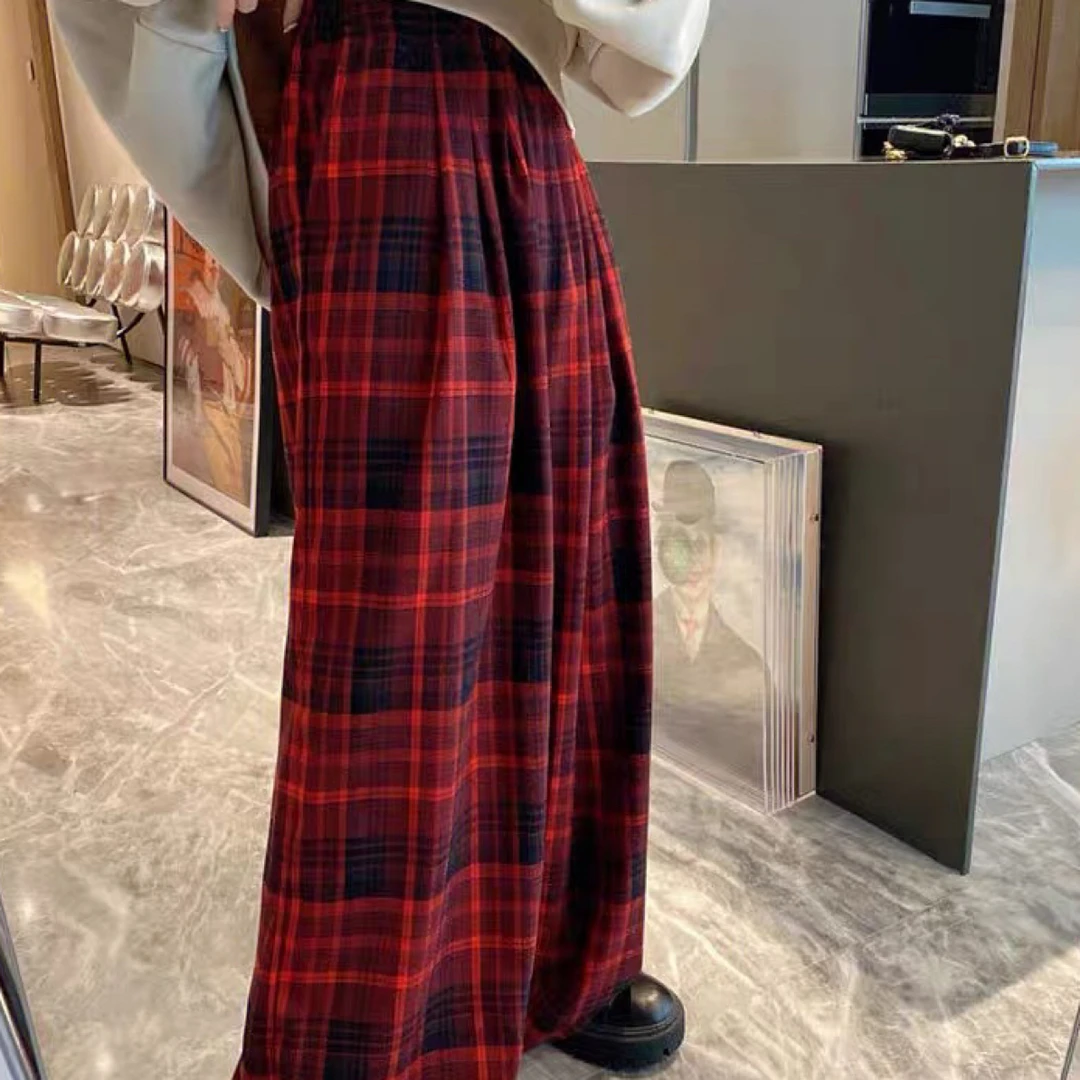 珊珊家秋冬加绒红色格子高腰显瘦阔腿休闲直筒裤
