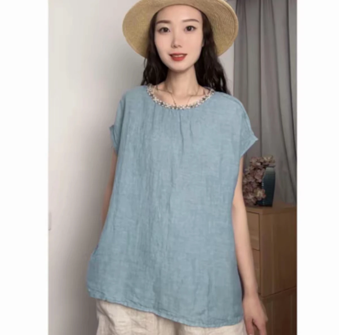 5168砂洗亚麻落肩设计夏季简约百搭小衫