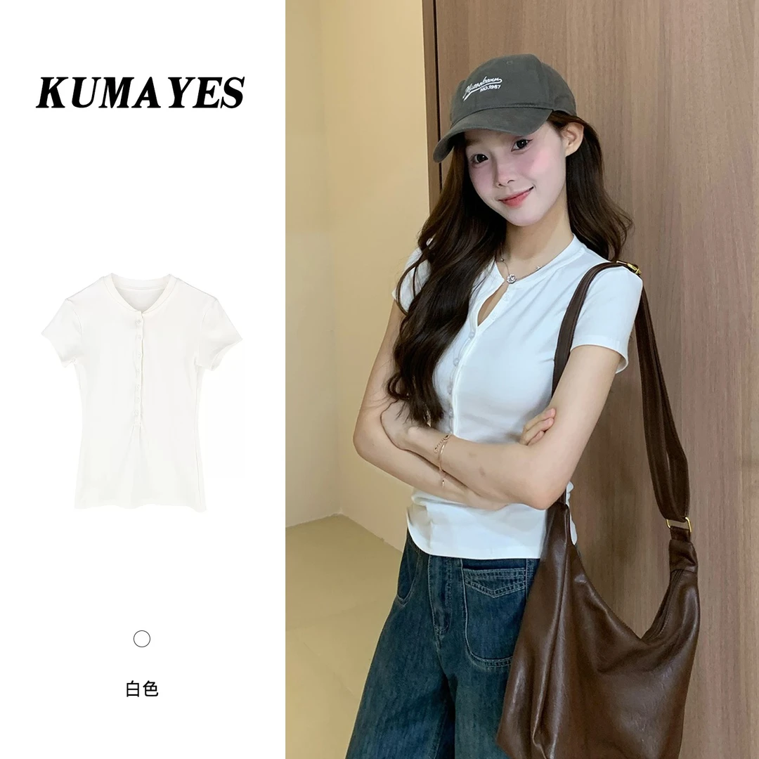 KUMAYES美式辣妹排扣正肩圆领短袖T恤女夏季套头短款修身打底上衣