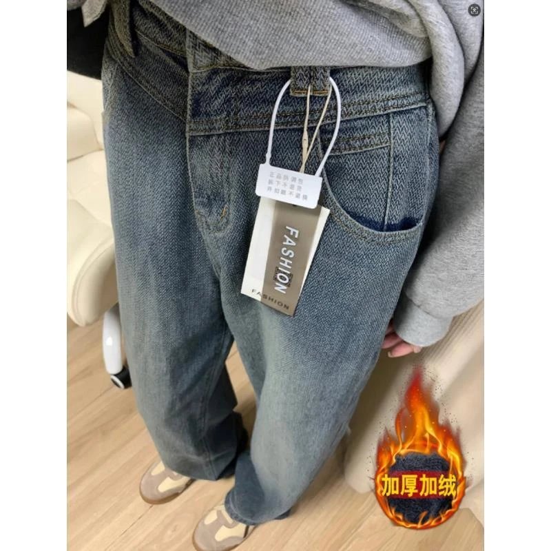 秋冬加绒美式星空纹阔腿牛仔裤女复古高腰胖MM显瘦直筒长裤设计潮