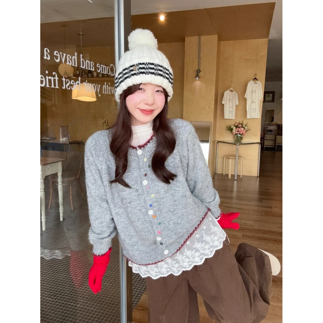 冬季春季圆领针织宽松女毛针织衫上衣蕾丝时尚网红