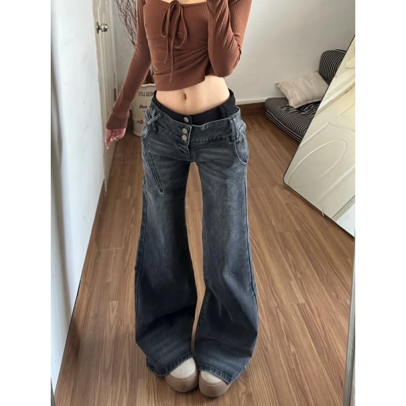 美式复古辣妹双腰头牛仔裤女秋冬新款设计感低腰显瘦不贴腿喇叭裤