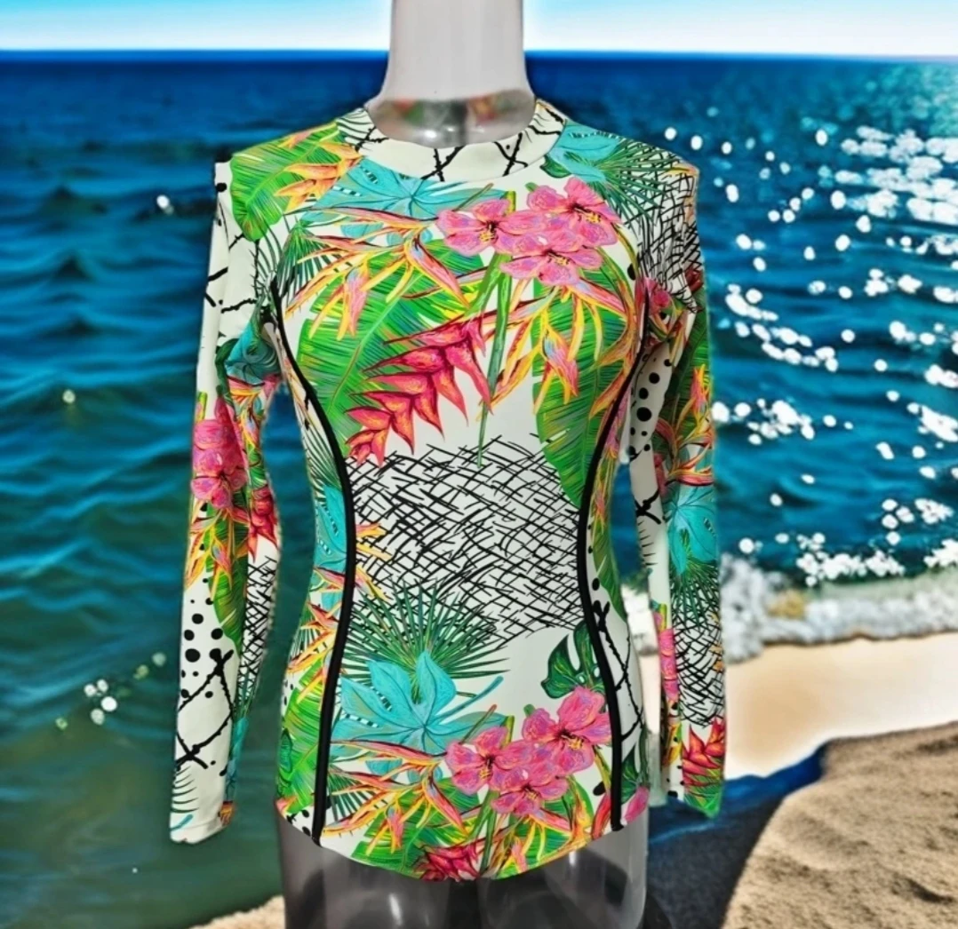 新款连体泳衣女花色带胸垫长袖长裤防晒速干游泳冲浪专业潜水服