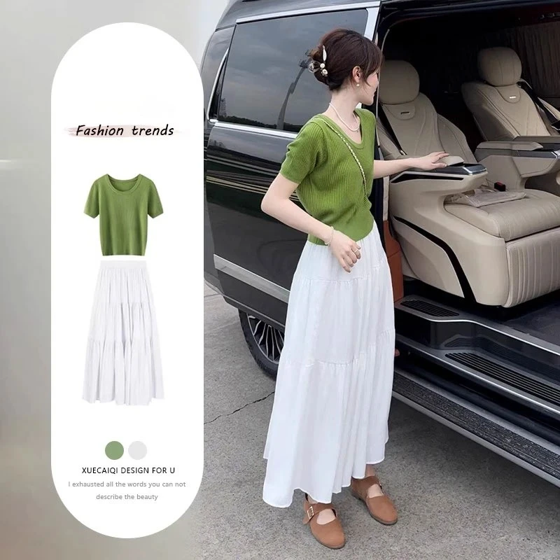 夏装炸街减龄时尚穿搭一整套薄荷绿气质穿搭半身裙两件套装裙子女