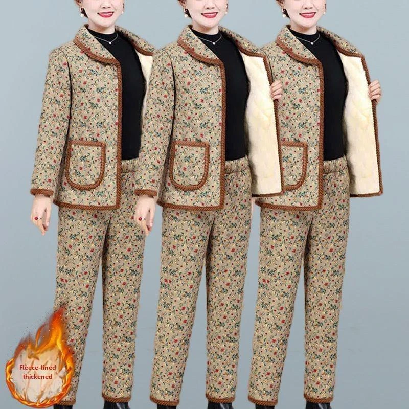 【万达撤柜】妈妈冬装花丝绒加厚棉套装时尚中年妇女大码保暖家装