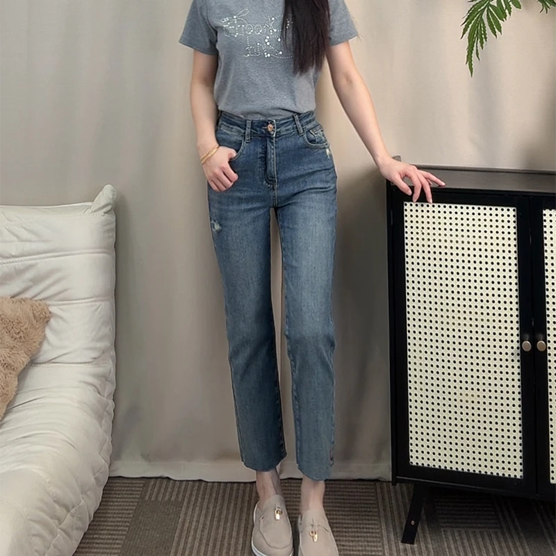 【运费险+现货】夏季薄款牛仔烟管裤女复古蓝设计感弹力九分裤