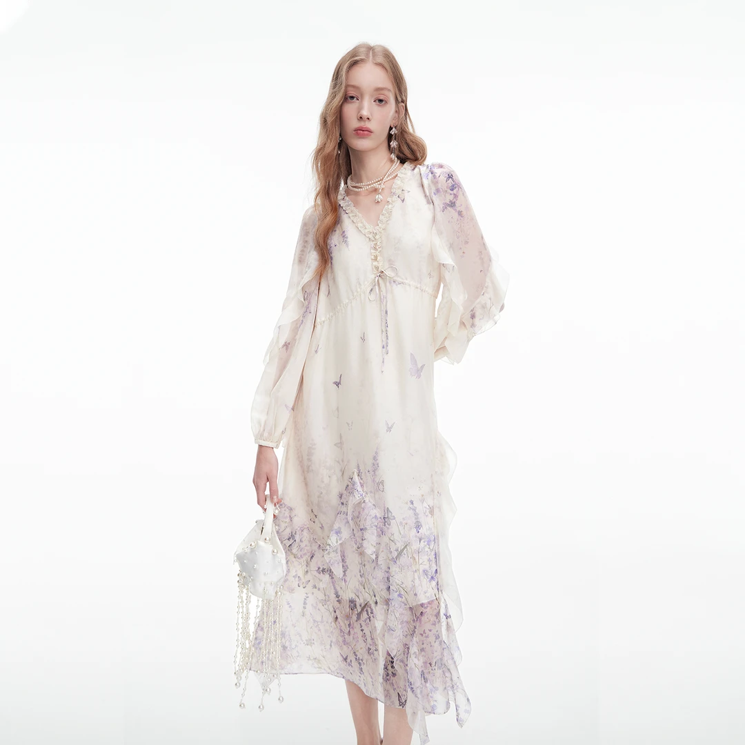 【MISSCOCOON可可尼】长袖印花裙子2025秋季新款荷叶边V领连衣裙