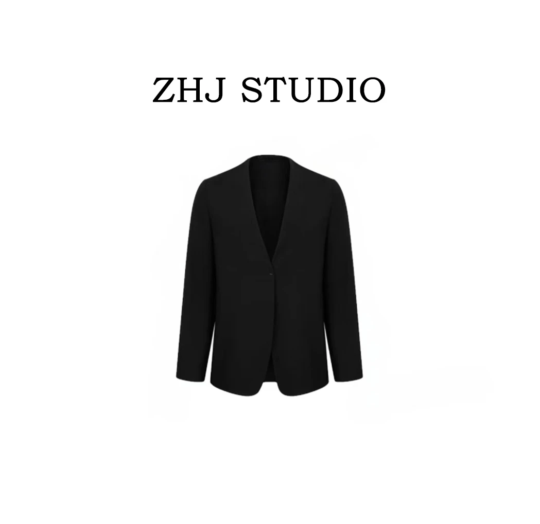 【胡哥海淘】M马*简约拉黑色磨毛无领西装经典款西服轻奢气质