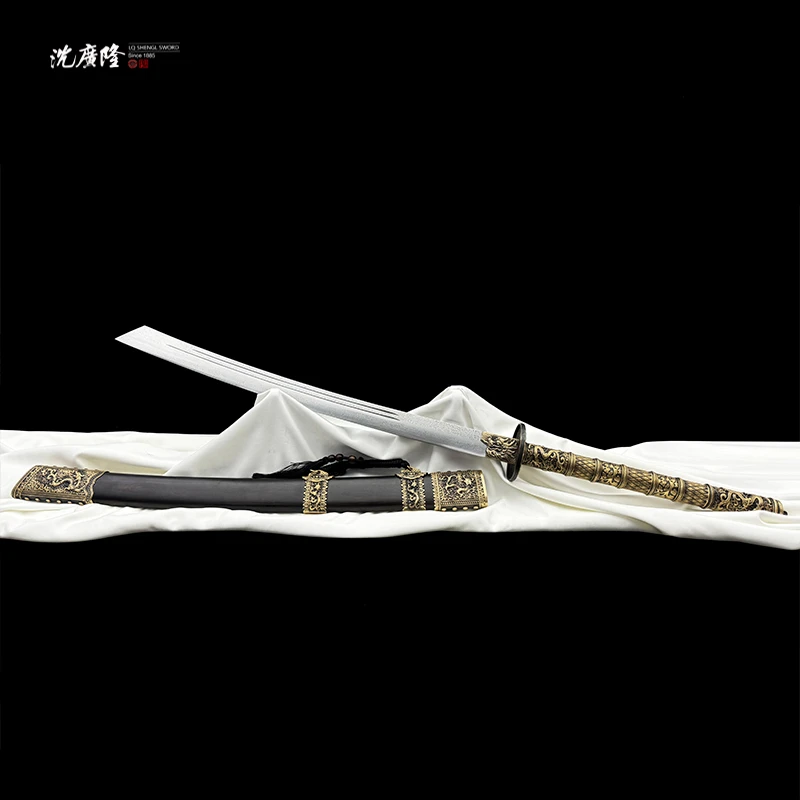 龙泉沈广隆-经典款康熙战刀 黄铜 黑檀木 花纹钢 宝剑 未开刃