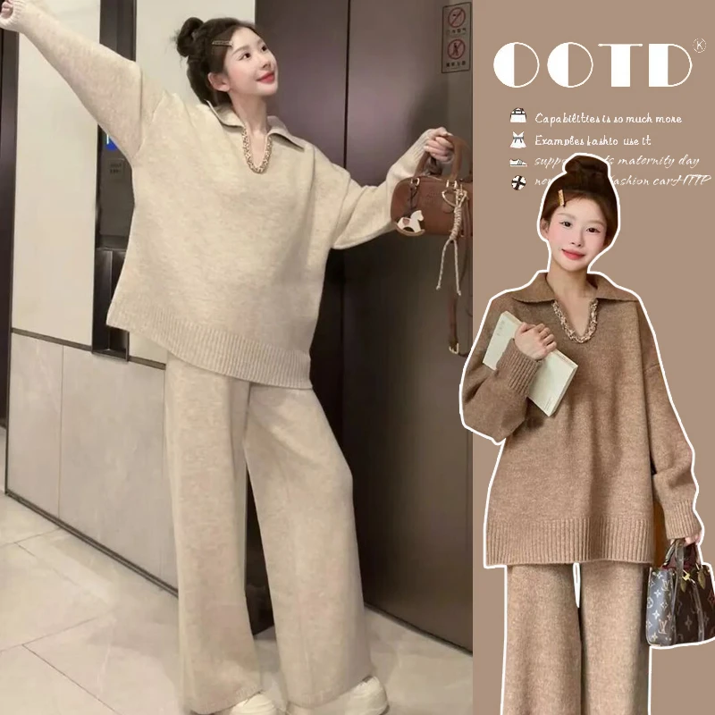 2025年孕妇秋冬加厚翻领v领编织套头毛衣阔腿裤休闲套装外穿