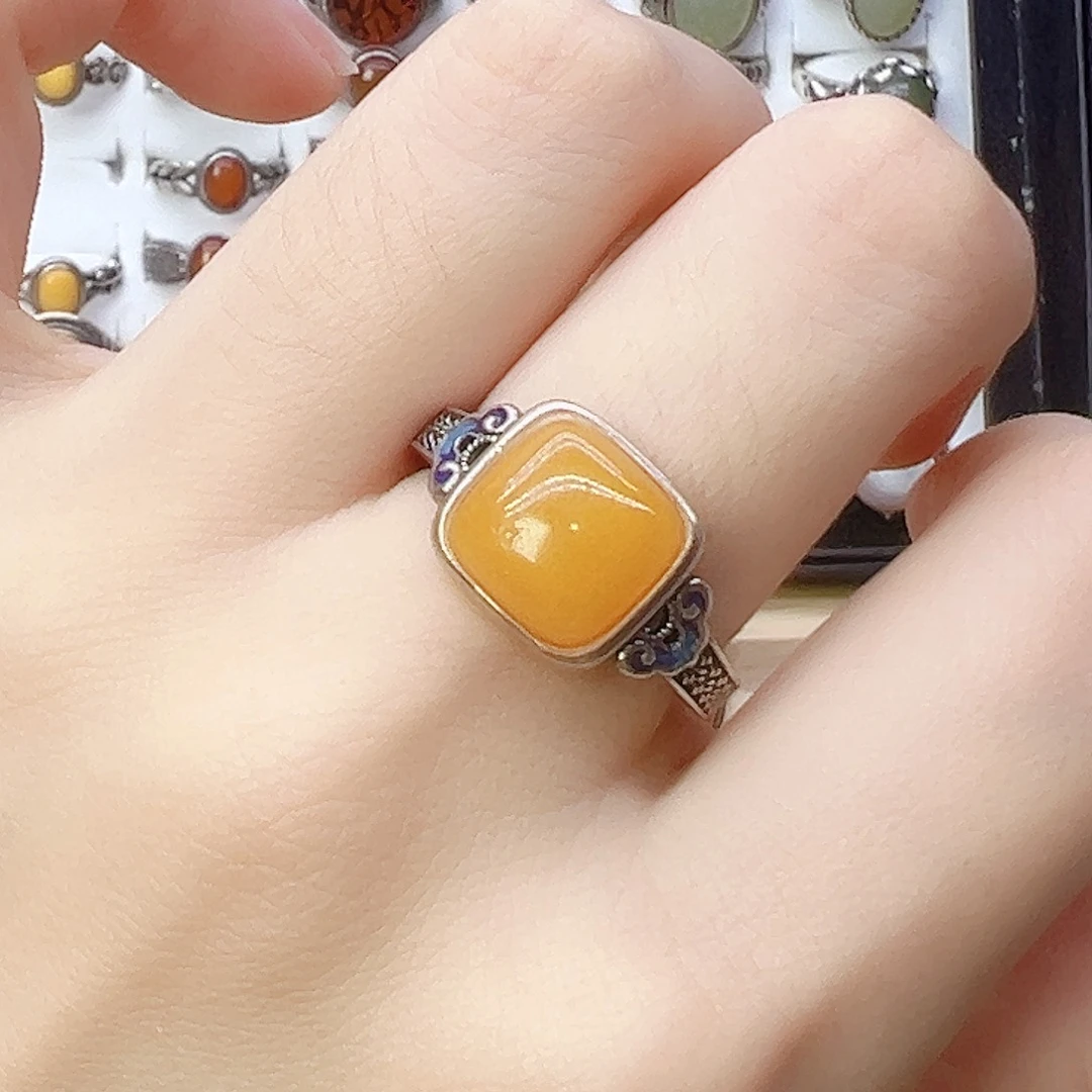 蜜蜡银S925镶嵌戒指，