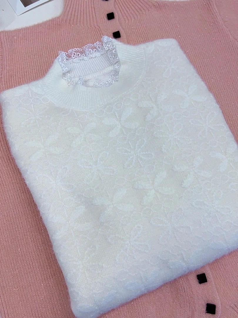 初秋家秋冬新款半高蕾丝花边领四叶草花型长袖针织衫