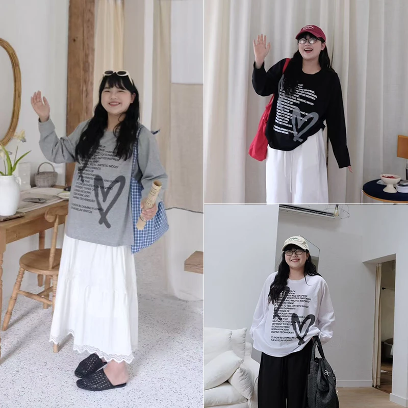 微胖MM时尚韩系慵懒风宽松爱心双重奏印花长袖 6618