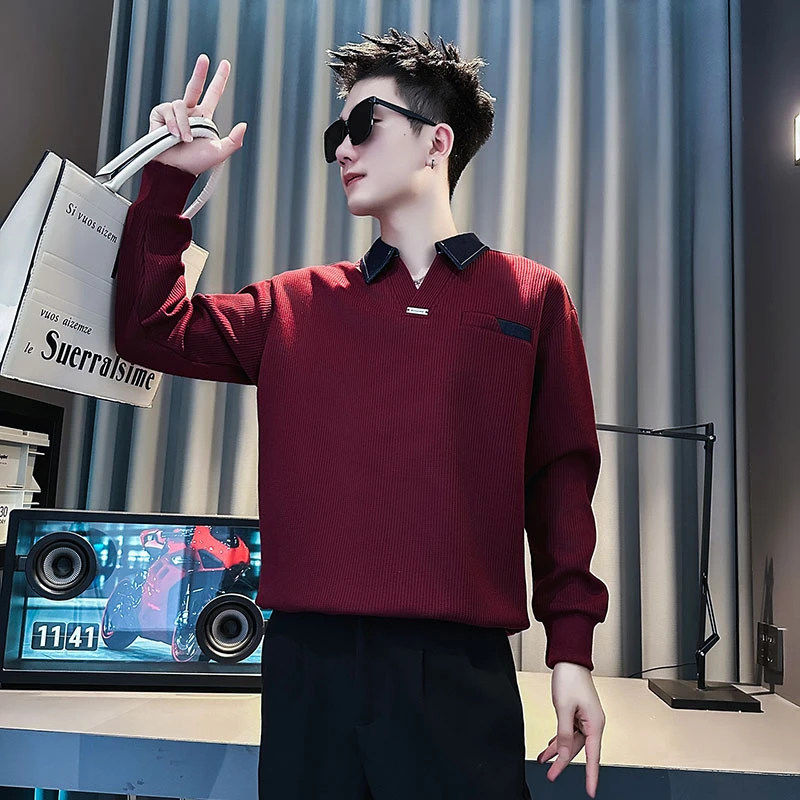 V领撞色卫衣男款春秋季潮牌痞帅长袖t恤2025新款男士内搭秋装上衣