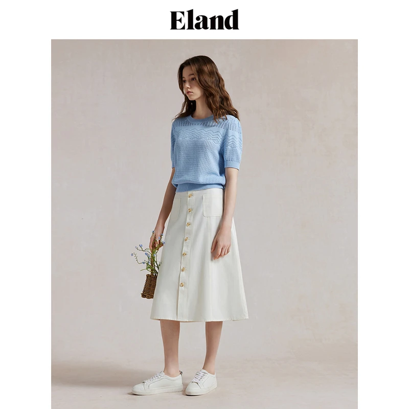【女装优选WL】Eland衣恋针织T恤圆领纯棉镂空针织衫上衣EEKWE23Q96
