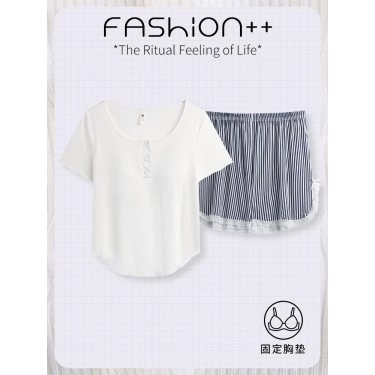 【带胸垫】夏季新款莫代尔女士短袖短裤睡衣纽扣白色休闲家居服套装
