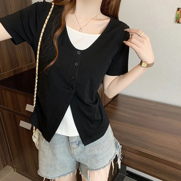 假两件撞色短袖T恤2025夏装新款女休闲减龄显瘦遮肉拼色洋气上衣